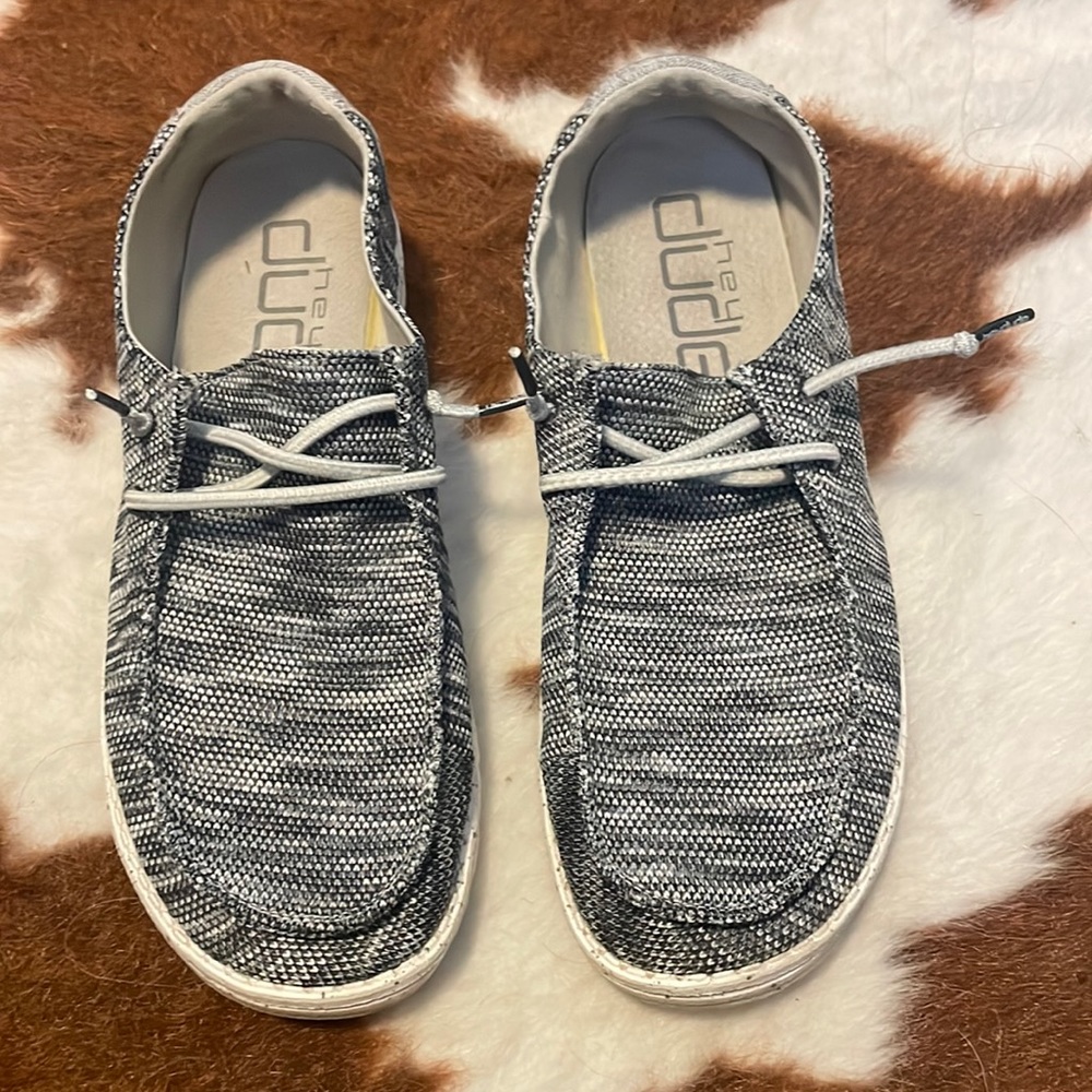 Hey Dude grey slip on shoes.